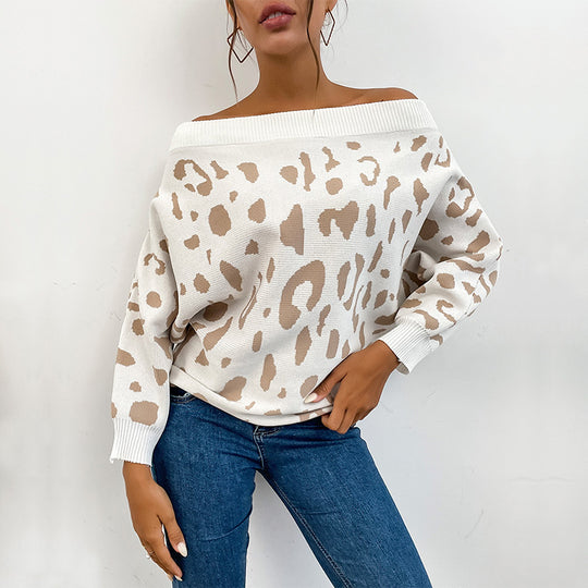 Damen Carmenpullover im Leoparden-Jacquard Oversize mit weitem Ausschnitt Shop Nory