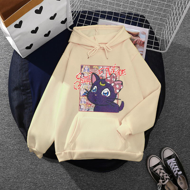 Damen nan Oversize-Kapuzenpullover mit glitzerndem Anime-Katzen-Motiv, Kängurutasche und weichem Fleece-Innenfutter Shop Nory