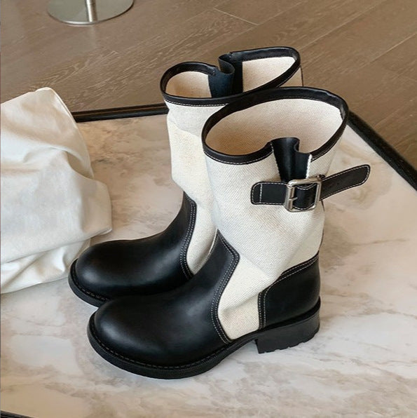 Damen Leder-Leinen Mid-Calf Stiefel mit Schnallenriemen Shop Nory
