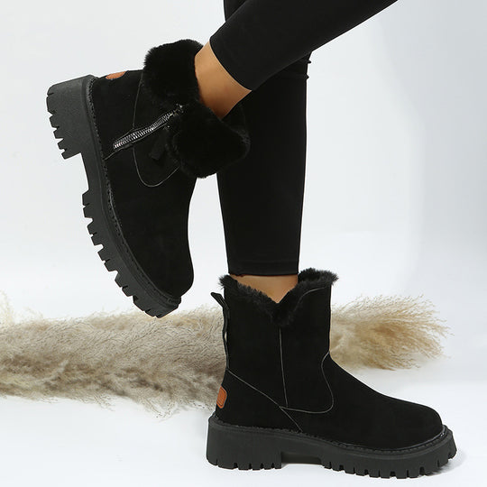 Damen Kurzschaft-Stiefelette mit Teddy‑Umschlag, Veloursoptik und Chunky‑Lug‑Sohle Shop Nory
