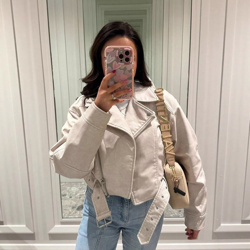 Damen Kurzgeschnittene Bikerjacke aus Kunstleder mit Taillengürtel Shop Nory
