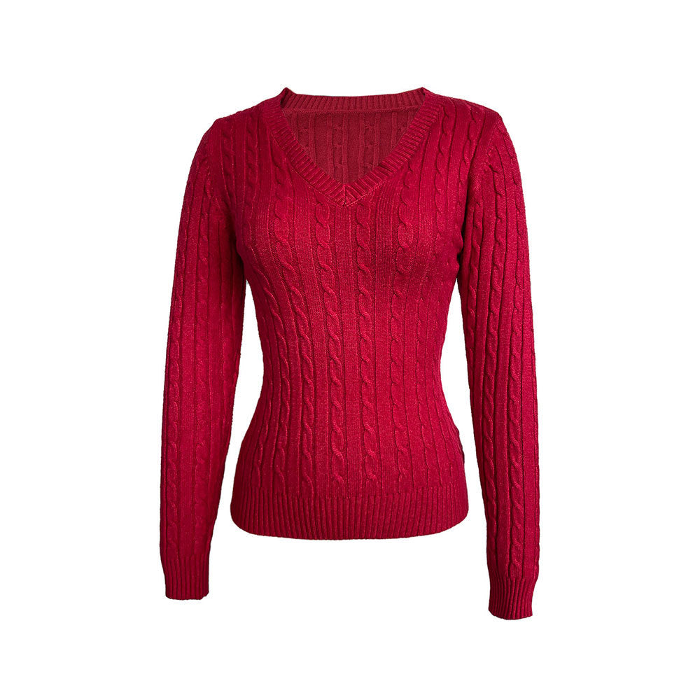 Damen figurbetonter Zopfmuster‑Pullover mit V‑Ausschnitt und taillierender Rippstruktur Shop Nory