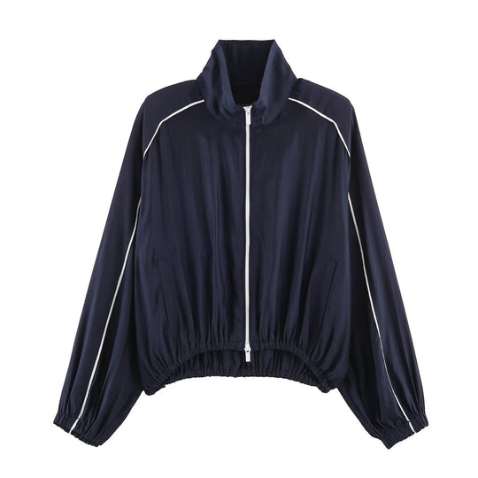 Damen Cropped Windbreaker-Jacke mit hohem Funnelkragen, Kontrastpaspel und elastischem Saum Shop Nory