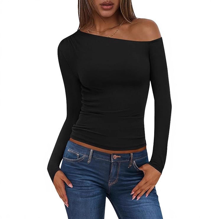 Damen Schulterfreies, figurnahes Ripp-Langarmtop mit asymmetrischem Ein-Schulter-Schnitt Shop Nory