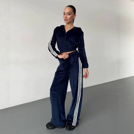 Damen Retro-Samt Trainingsanzug mit seitlichen Streifen, hochgeschnittener Bund und Reißverschluss Shop Nory