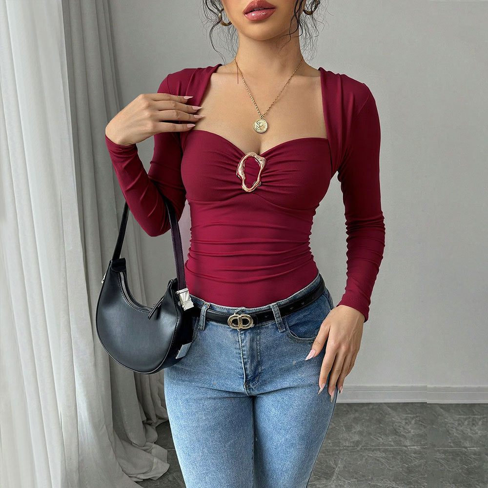Damen figurbetontes Langarm-Top mit Herz-Ausschnitt, Zierring und Raffung Shop Nory