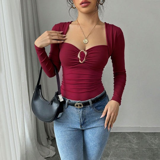 Damen figurbetontes Langarm-Top mit Herz-Ausschnitt, Zierring und Raffung Shop Nory