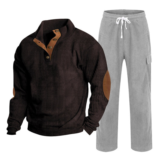 Herren Gemütliches Freizeit-Set aus Waffelstrick-Henley mit Ellenbogenpatch und Relax-Cargo-Hose Shop Nory