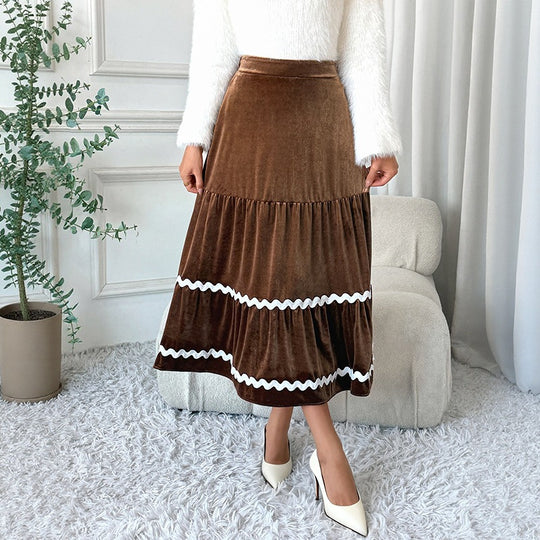 Damen Taillierter Samt‑Midirock mit Stufen‑Volants und Zierborte Shop Nory