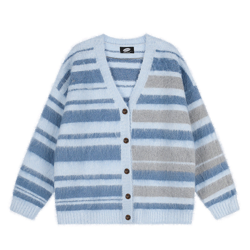 Damen Oversize-Strickjacke mit V‑Ausschnitt, kuscheliger Mohair‑Optik und gestreiftem Muster Shop Nory