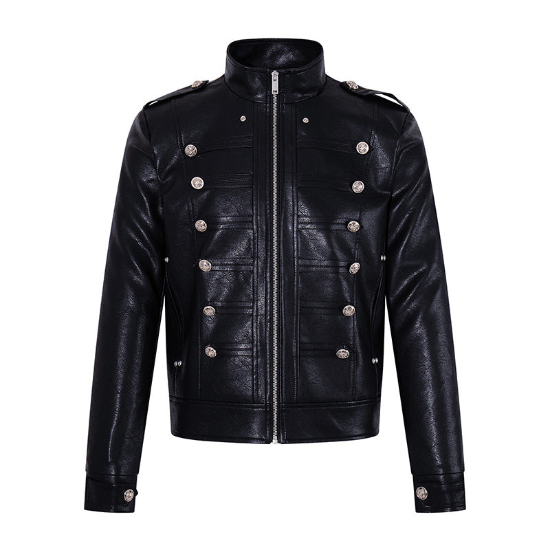 Herren Militärisch inspirierte Kunstlederjacke mit Stehkragen, Zierknopfreihe und Schulterpatten Shop Nory
