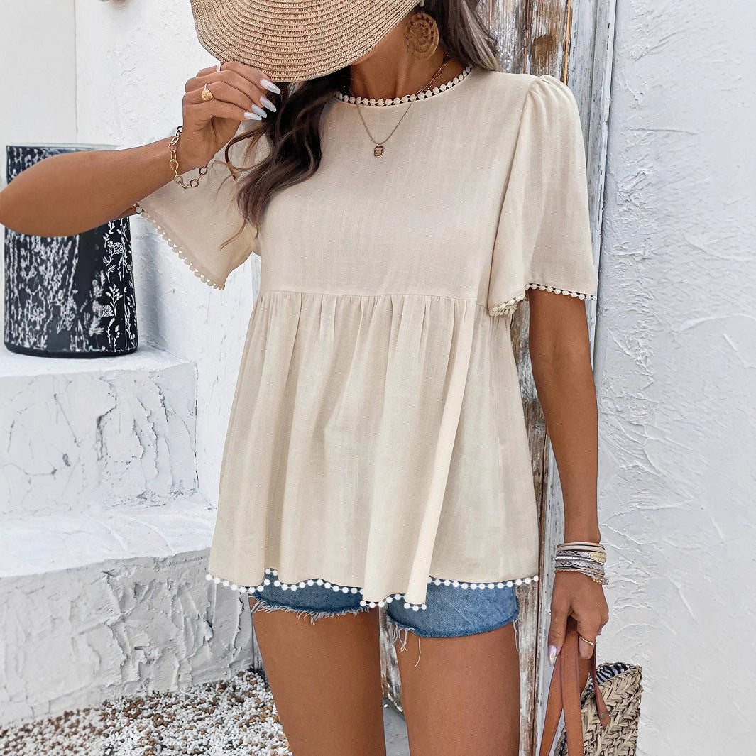 Damen Leichtes Babydoll-Tunika-Top mit Volants und Pompon-Besatz Shop Nory