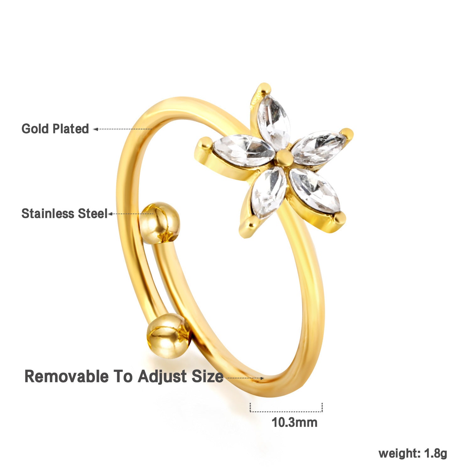 Damen Edelstahl Ring mit abnehmbarem, floralem Design und funkelnden Zirkonia Shop Nory