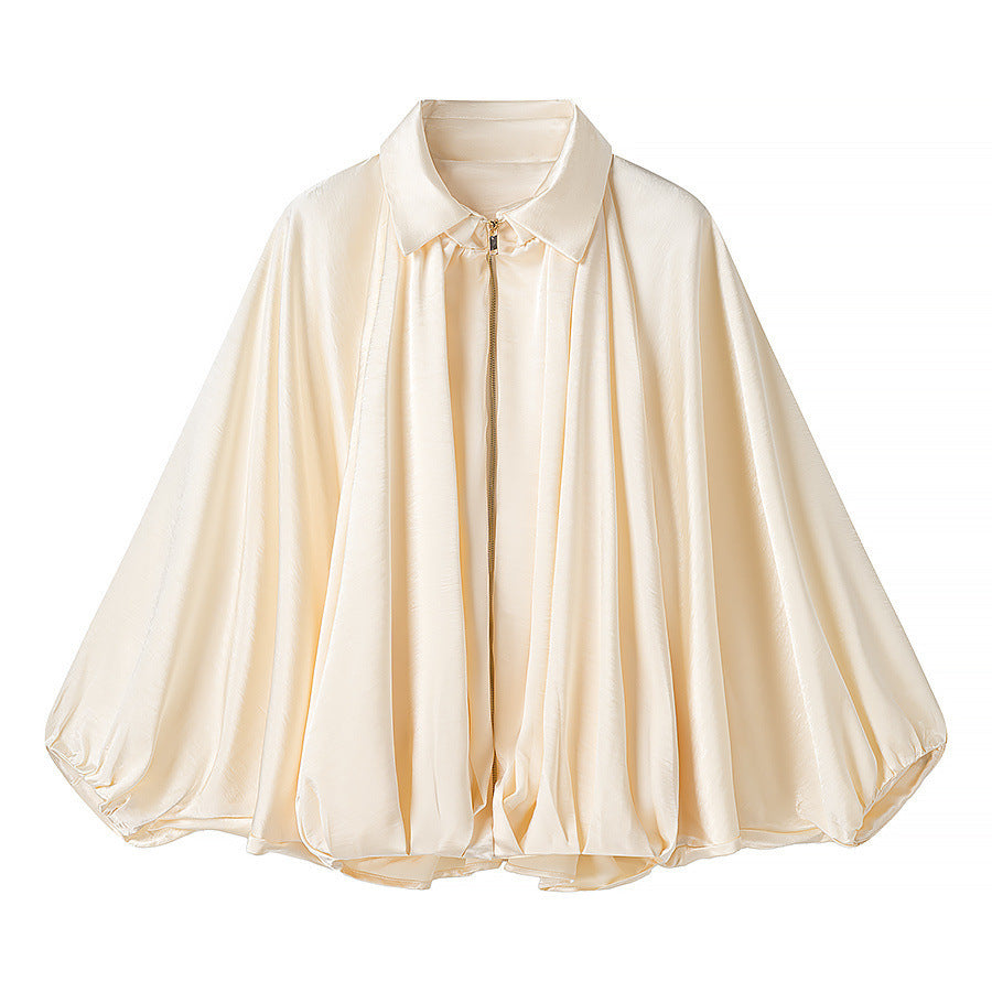 Damen Seidig-fließende Cape-Bluse mit Reißverschluss, Ballonärmeln und Hemdkragen Shop Nory