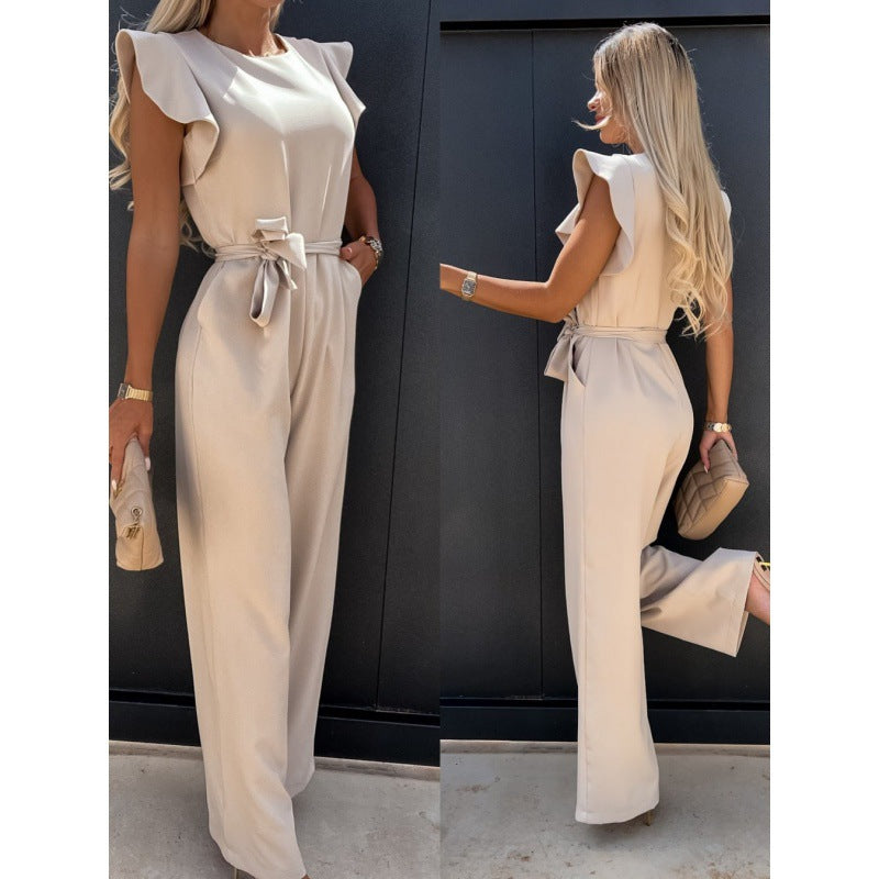 Frauen Fließender Weitbeiniger Jumpsuit mit Rüsche Ärmel