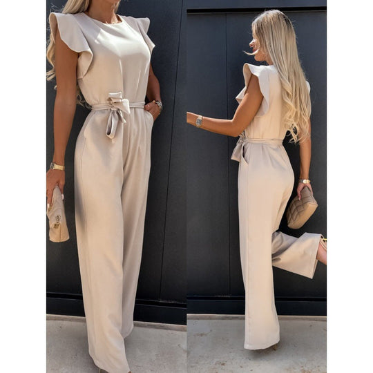 Frauen Fließender Weitbeiniger Jumpsuit mit Rüsche Ärmel