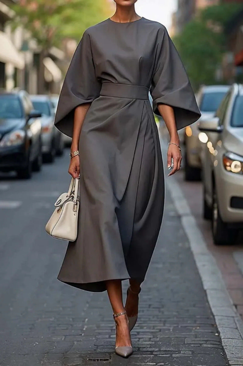 Damen Maxi-Kleid mit voluminösen Ärmeln und elegantem Drapierungsdesign