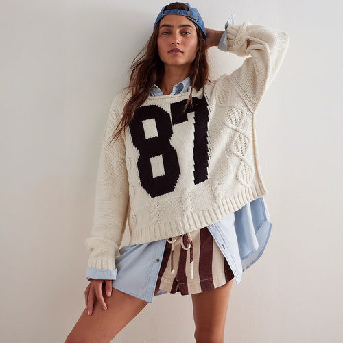 Damen Oversize Grobstrick-Pullover mit sportivem Zahlendekor & Zopfstrickdetail Shop Nory