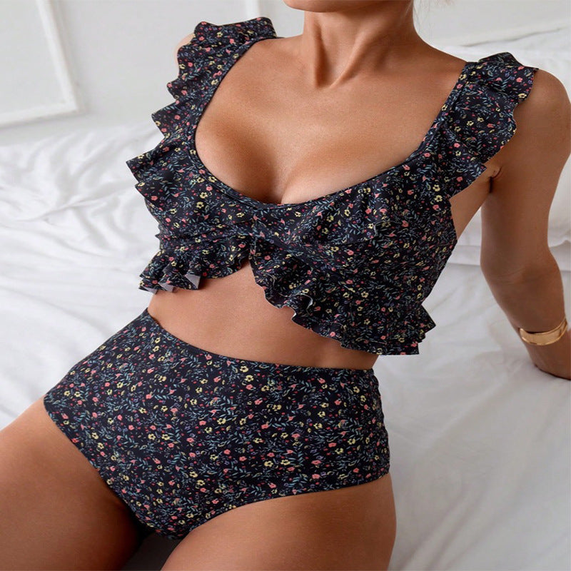 Damen Hochgeschnittener Bikini mit floralem Rüschendesign