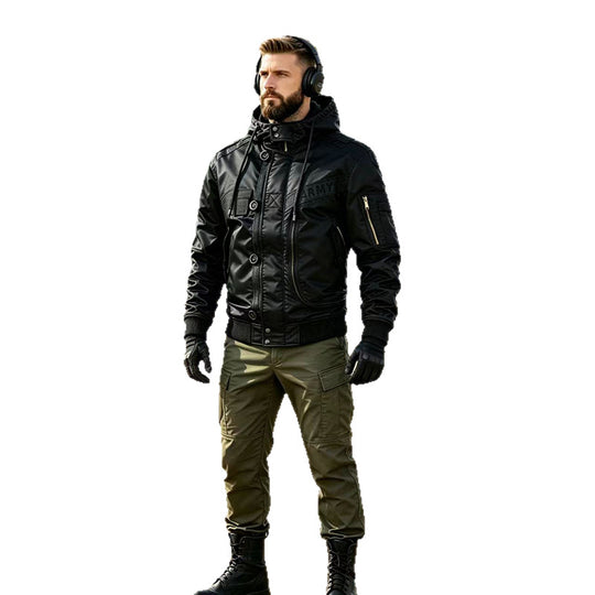 Herren Militärinspirierte Kapuzen-Bomberjacke mit Utility-Taschen Shop Nory
