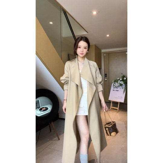 Damen Maxi-Trenchcoat mit Wasserfallkragen und gerafften Ärmeln Shop Nory