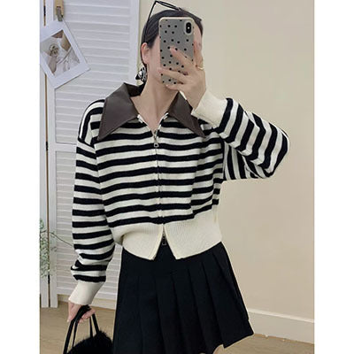 Damen Modischer Streifenpullover mit hohem Kragen und Reißverschluss Shop Nory