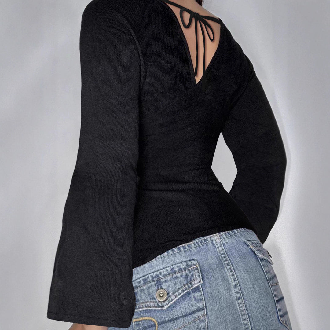 Damen nan figurbetontes Langarm-Top mit tiefem V-Ausschnitt, Nackenband zum Binden und taillierter Silhouette Shop Nory