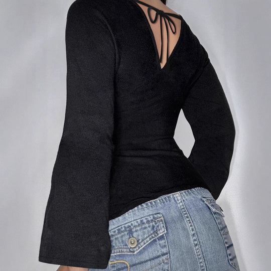 Damen nan figurbetontes Langarm-Top mit tiefem V-Ausschnitt, Nackenband zum Binden und taillierter Silhouette Shop Nory