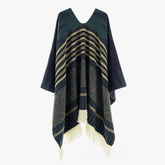 Damen Jacquard‑Ruana im Deckenstil mit V‑Ausschnitt, geometrischem Ethno‑Muster und Fransensaum Shop Nory
