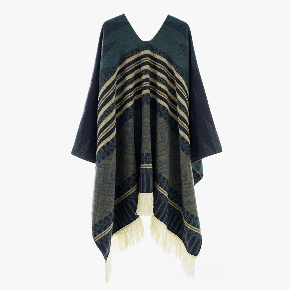 Damen Leichter Jacquard-Poncho mit Ethno-Motiv und Fransensaum Shop Nory