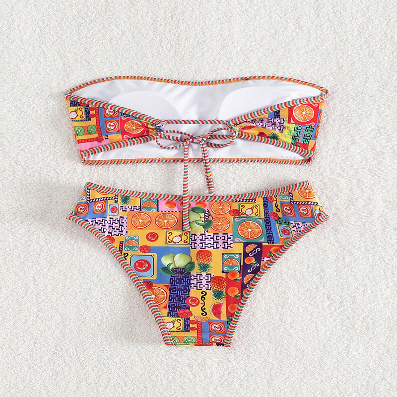 Damen Bandeau-Bikini mit fröhlichem Fruchtmuster