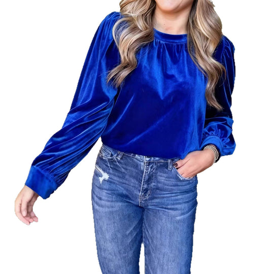 Damen Samtbluse mit Ballonärmeln und gerafftem Stehkragen Shop Nory