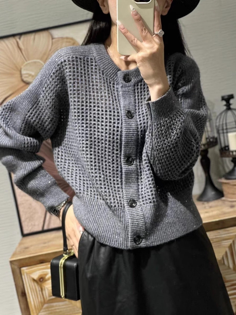 Damen Lockerer Mesh‑Cardigan mit Gitter‑Ajour, Rundhalsausschnitt und Knopfleiste Shop Nory