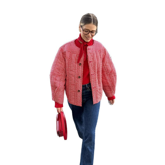 Damen Gepolsterte karierte Boxy-Steppjacke mit Knopfverschluss Shop Nory