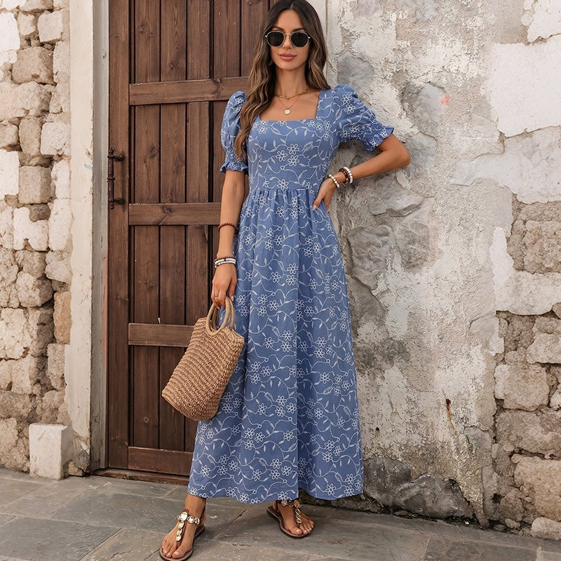 Damen Langes Leichtes Sommer-Maxikleid mit quadratischem Ausschnitt, Puffärmeln und floraler Stickoptik Shop Nory