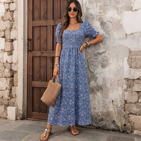 Damen Langes Leichtes Sommer-Maxikleid mit quadratischem Ausschnitt, Puffärmeln und floraler Stickoptik Shop Nory