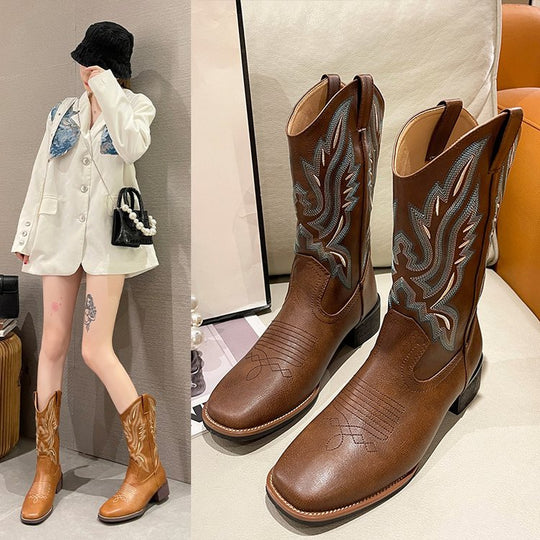 Damen Western-Cowboy-Boots mit aufwendiger Stickerei, mittlerer Schafthöhe und robuster Blockabsatz Shop Nory