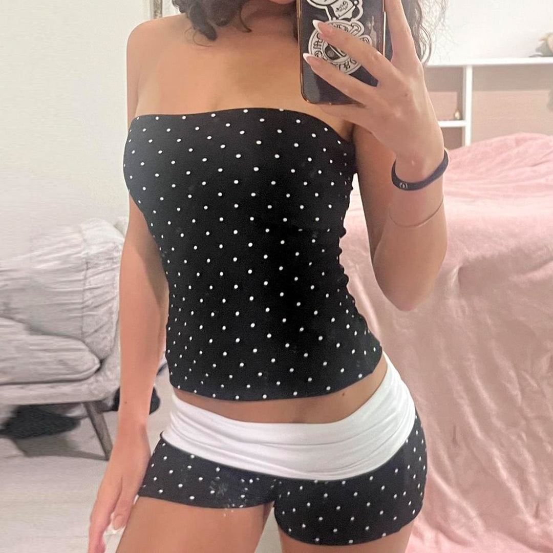 Damen Bandeau-Badeanzug mit Polka Dots und Shorts