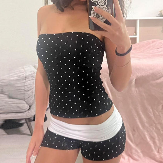 Damen Bandeau-Badeanzug mit Polka Dots und Shorts