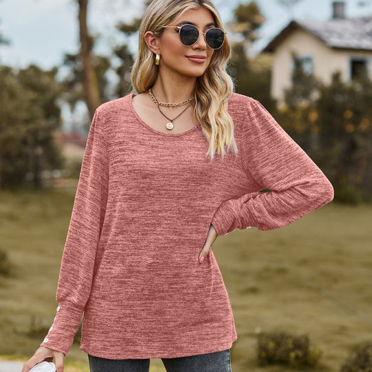 Damen Lässiges Langarmshirt mit Knopfmanschetten und weitem Rundhalsausschnitt Shop Nory
