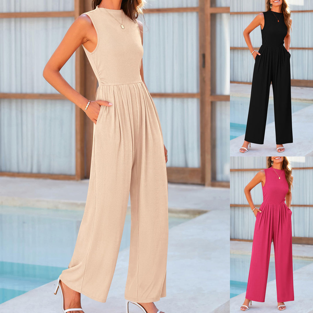 Damen Ärmelloser Palazzohose-Jumpsuit mit taillierter Rippenoberseite und weiten Plissé-Bein Shop Nory