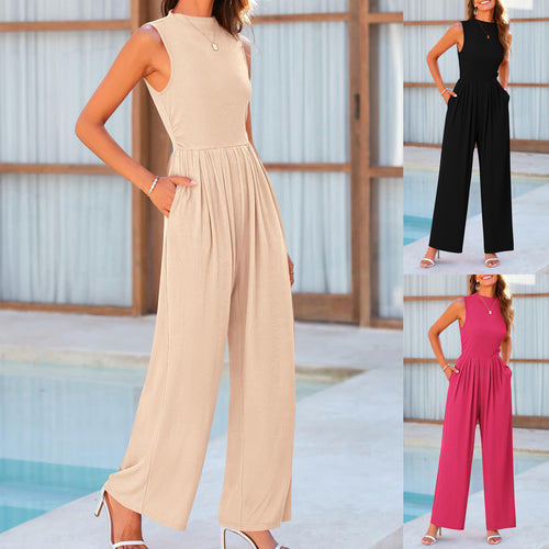 Damen Ärmelloser Palazzohose-Jumpsuit mit taillierter Rippenoberseite und weiten Plissé-Bein Shop Nory