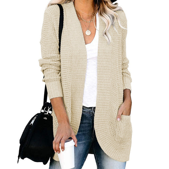 Damen Langer Offener Strickcardigan mit Taschen, Rippbündchen und strukturierter Waffeloptik Shop Nory