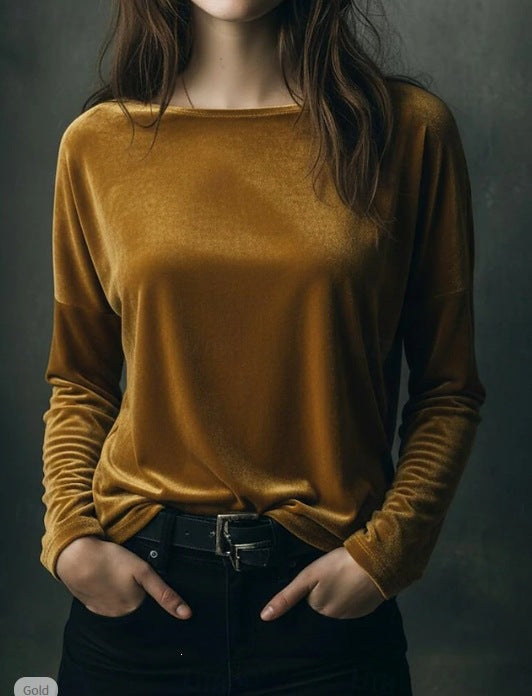 Damen Feines Velours-Langarmshirt mit U-Boot-Ausschnitt und kastiger Silhouette Shop Nory