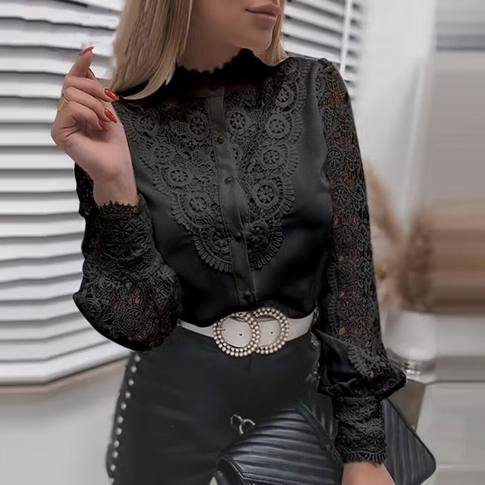 Damen Elegante Hemdbluse mit Spitzeneinsätzen, klassischem Kragen und Manschetten Shop Nory