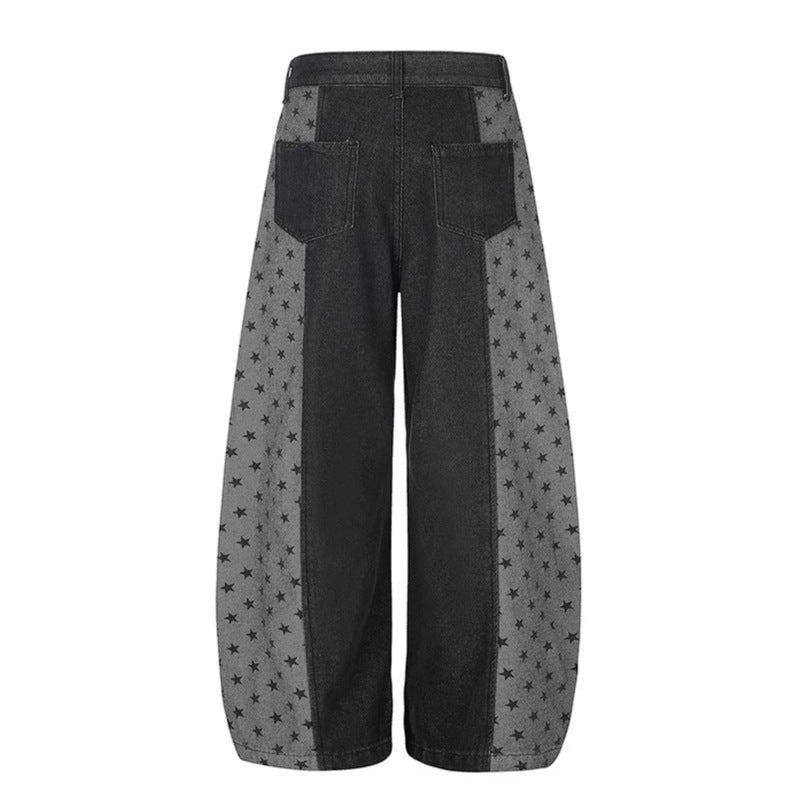 Damen Weite Denim-Palazzohose mit Kontrastseiten, Stern-Print und aufgesetzten Taschen Shop Nory