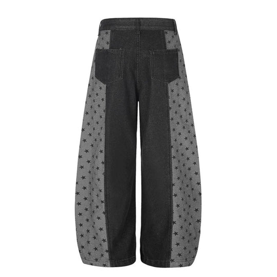 Damen Weite Denim-Palazzohose mit Kontrastseiten, Stern-Print und aufgesetzten Taschen Shop Nory