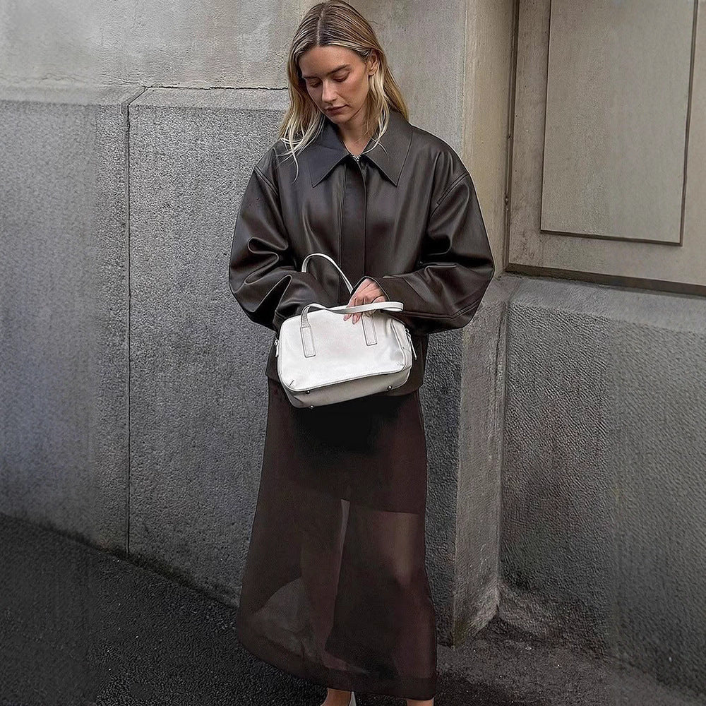 Damen Cropped Boxy Jacke aus Lederimitat mit übergroßem Kragen und verdeckter Reißverschlussleiste Shop Nory