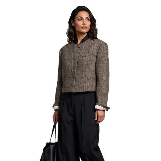 Damen Kurzgeschnittener Wollblazer mit Stehkragen und Fischgrätmuster Shop Nory