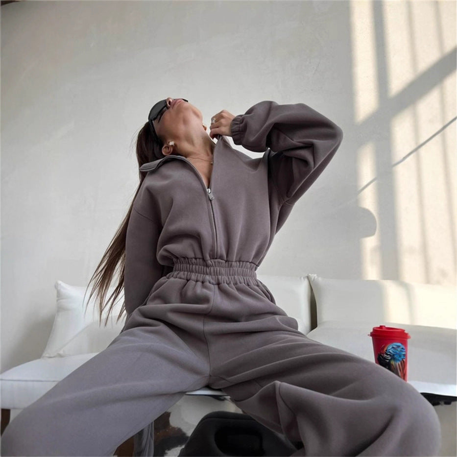 Damen Loungewear-Set mit halbem Reißverschluss, elastischem Taillenbund und weiter Jogginghose Shop Nory